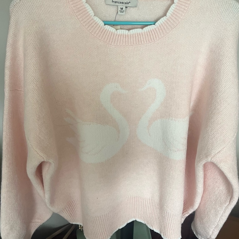 Francesca's Collections Pastel Pink Swan Intarsia Crewneck Sweater